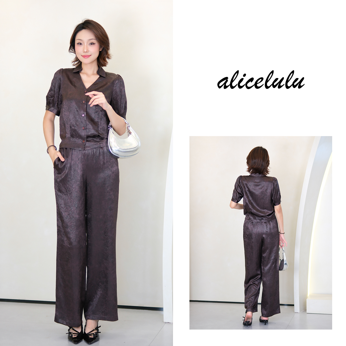 2 alicelulu 时尚潮酷醋酸衬衫阔腿裤套装炸街 S2143592L