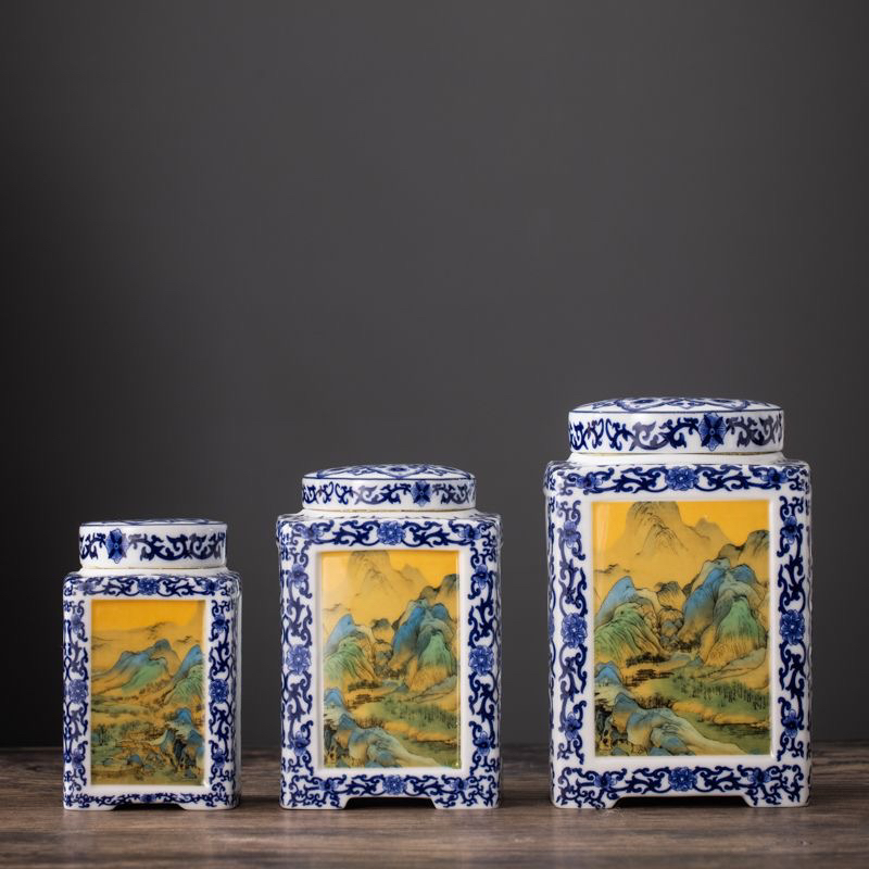 青花山景陶瓷四方茶叶罐密封青花瓷储茶罐客厅摆件