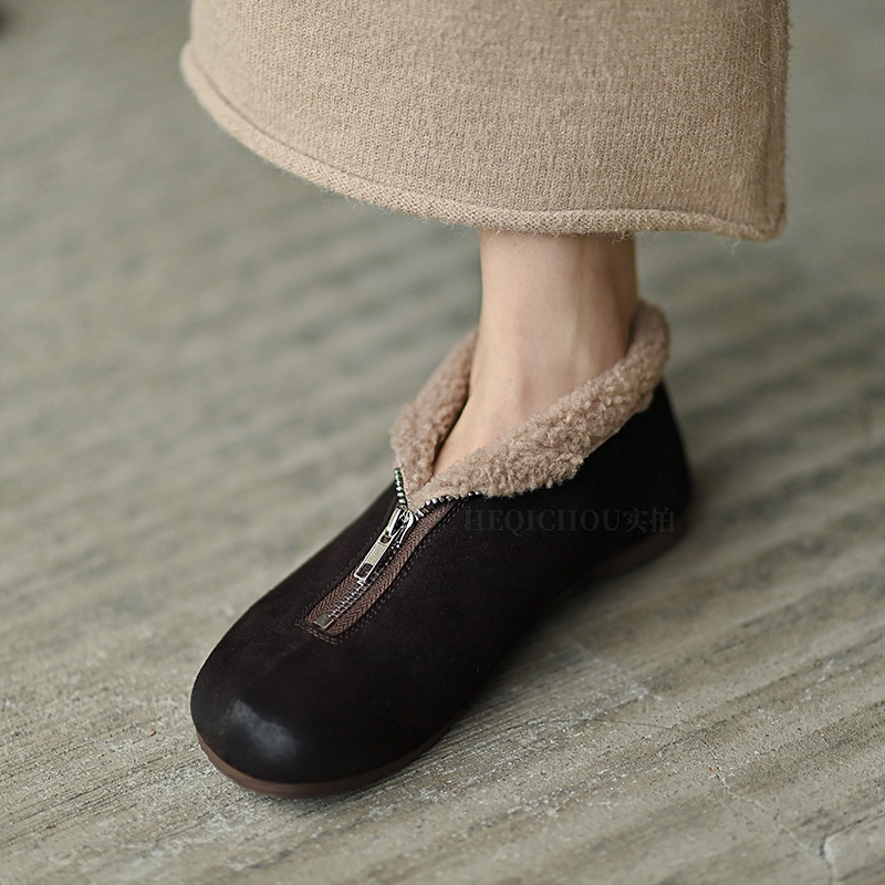 磨砂皮保暖加绒及踝靴女短靴 秋冬薄底棉鞋女单鞋低帮女鞋