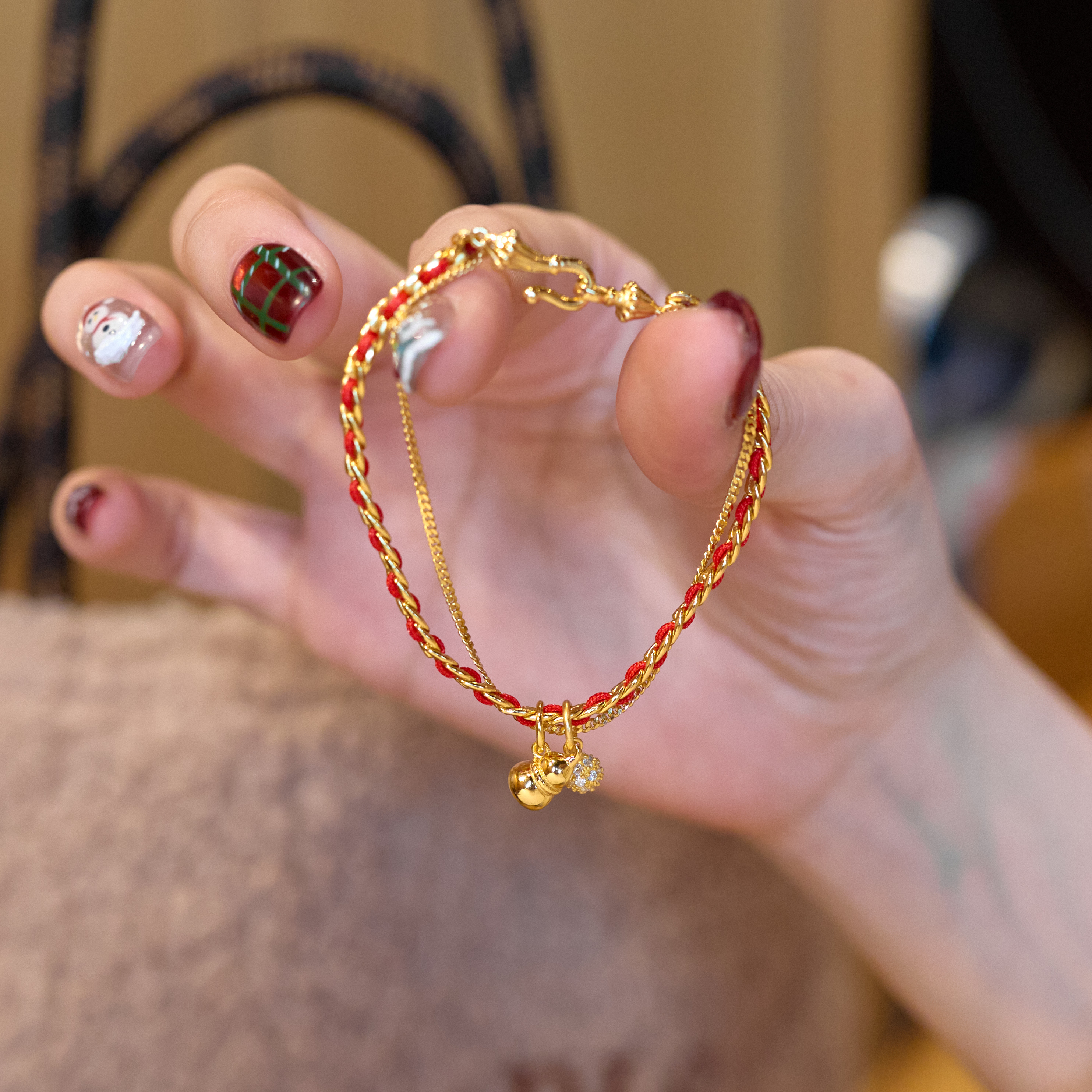 恒美娜 925银手链 福禄葫芦红绳纯银手链红色编织气质时尚百搭