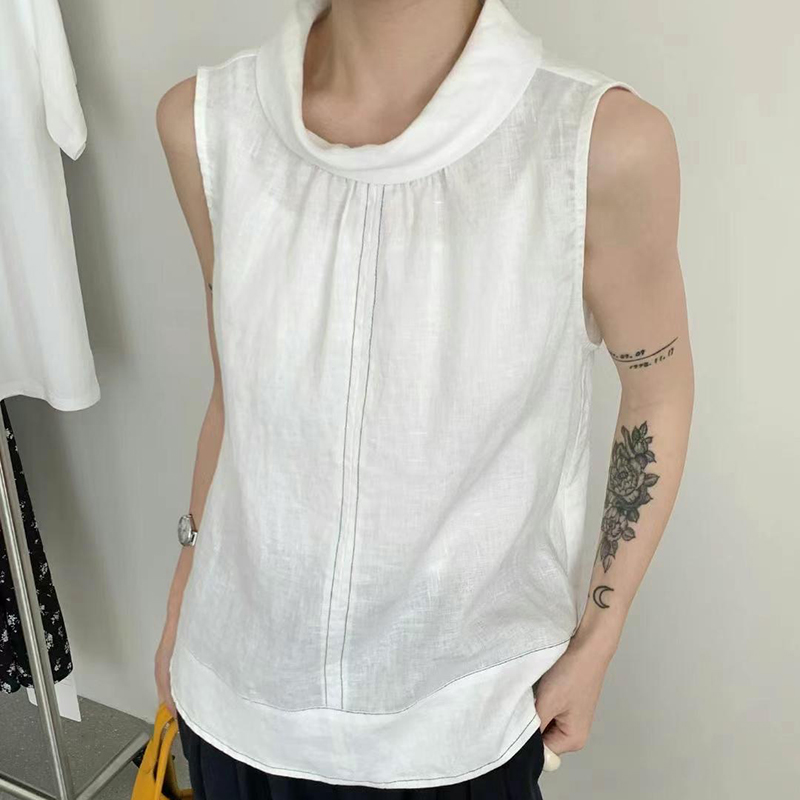 E.F.SHANG2025夏季新款亚麻无袖立领衬衫女小众宽松小衫上衣99269