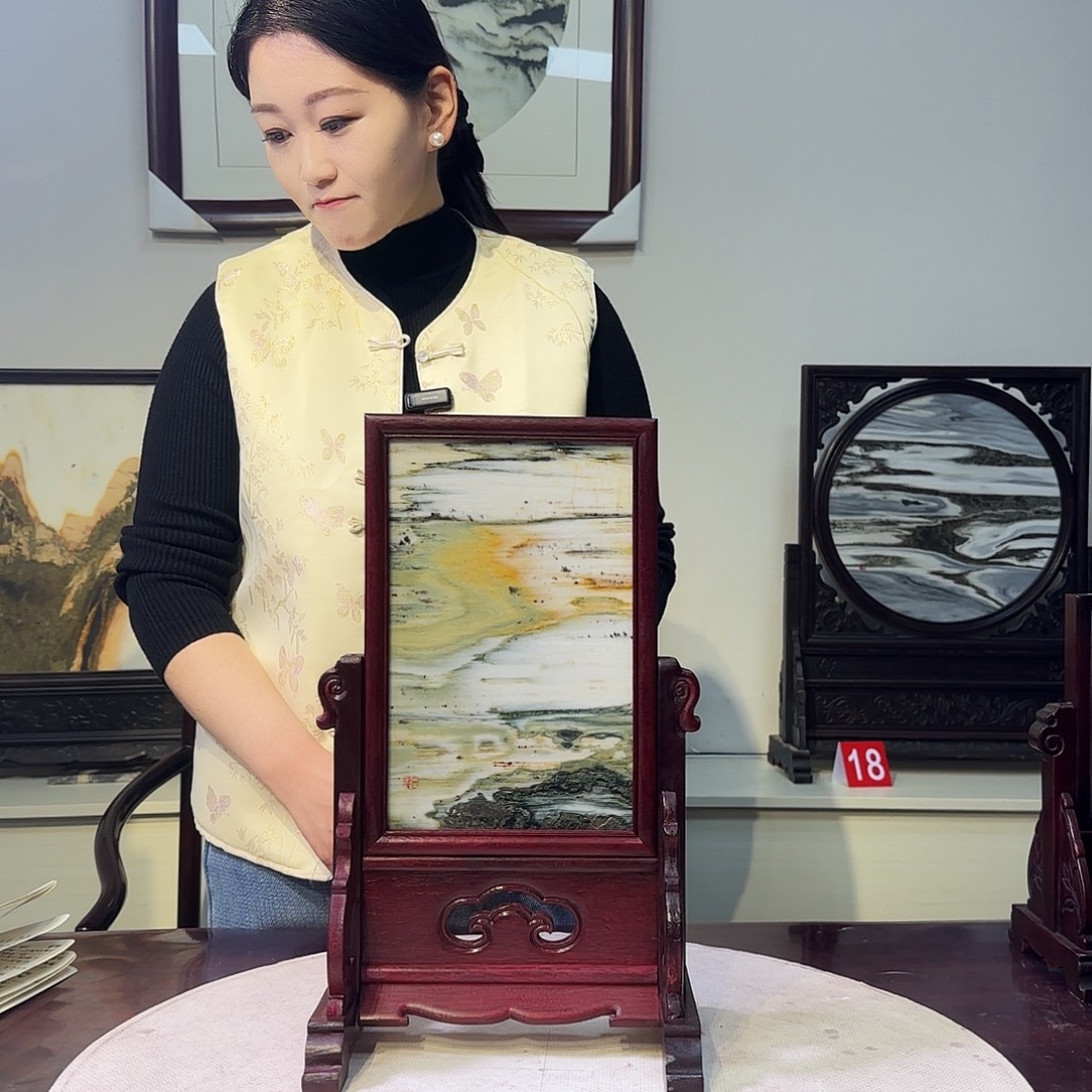 映***）石材天然大理石画屏风摆件