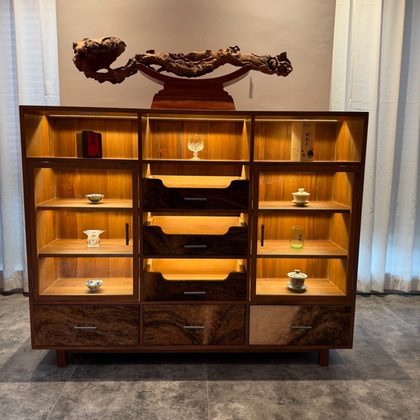 120*150茶室设计成品柜实木收纳柜真牛皮毛别墅陈列柜轻奢储物柜