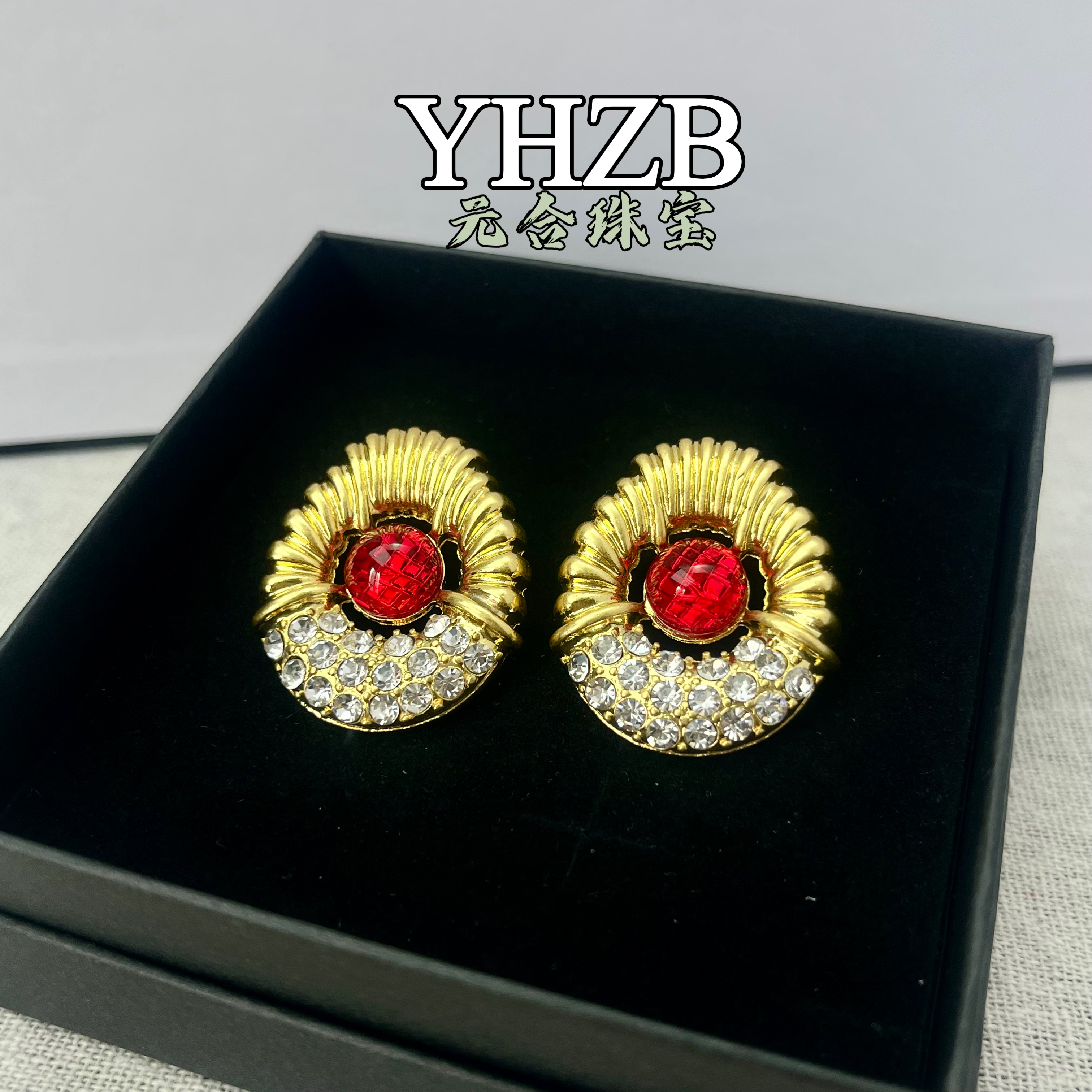 铜合金锆石耳饰 【清货】中古风高质感微镶锆石红色琉璃耳钉042