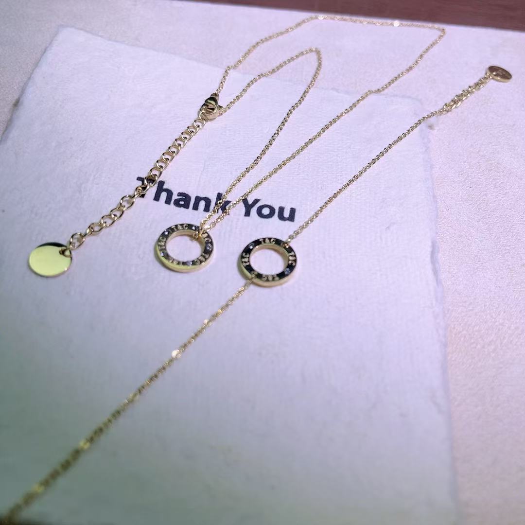 铜合金项链 铜合金电镀轻奢小众罗马双环环相扣时尚镶嵌气质