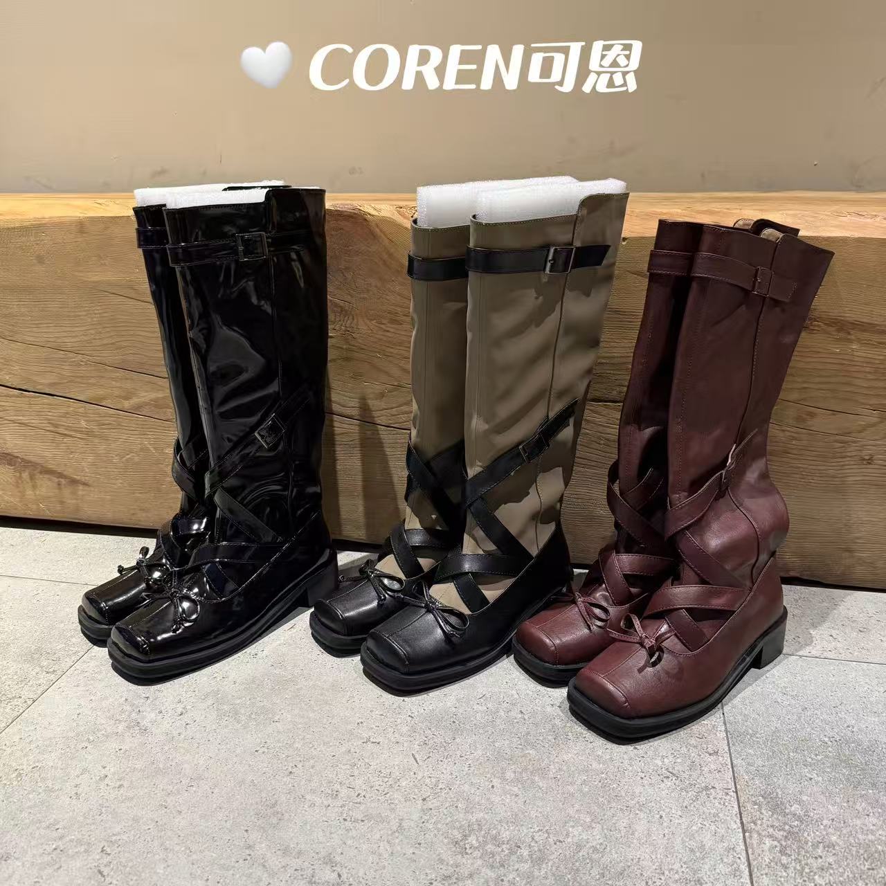 韩国新款方头芭蕾方头粗跟高筒骑士靴不过膝时装长筒靴