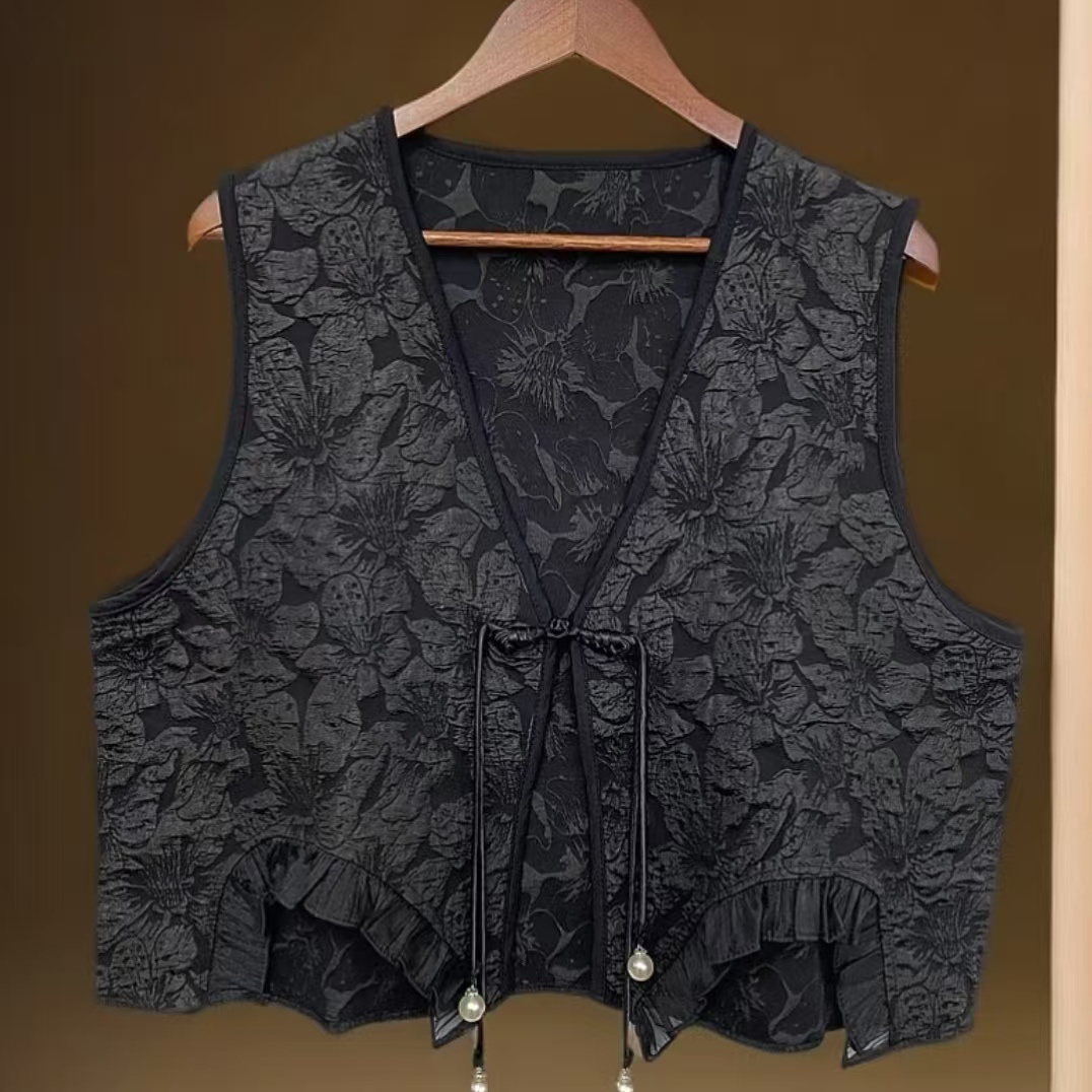 226上衣马甲网红时尚中国风复古唐装民族风黑色马夹提花