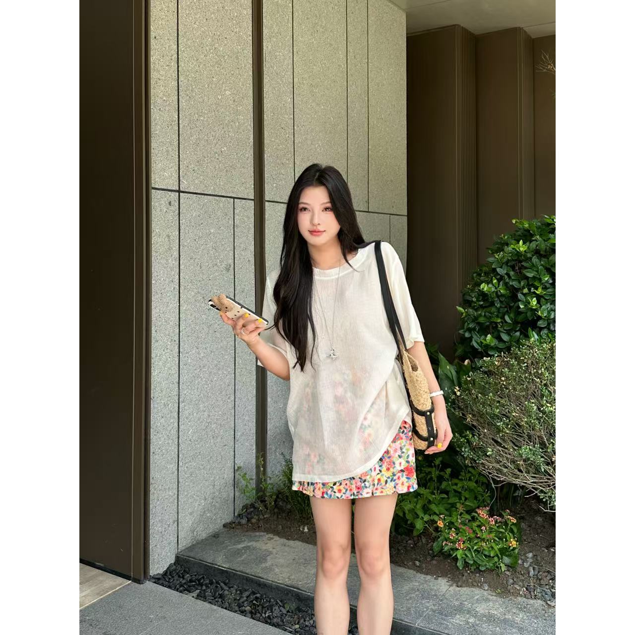  Xiaix【透明引力】宽松显瘦纯色时尚夏季短袖T恤SY250710现