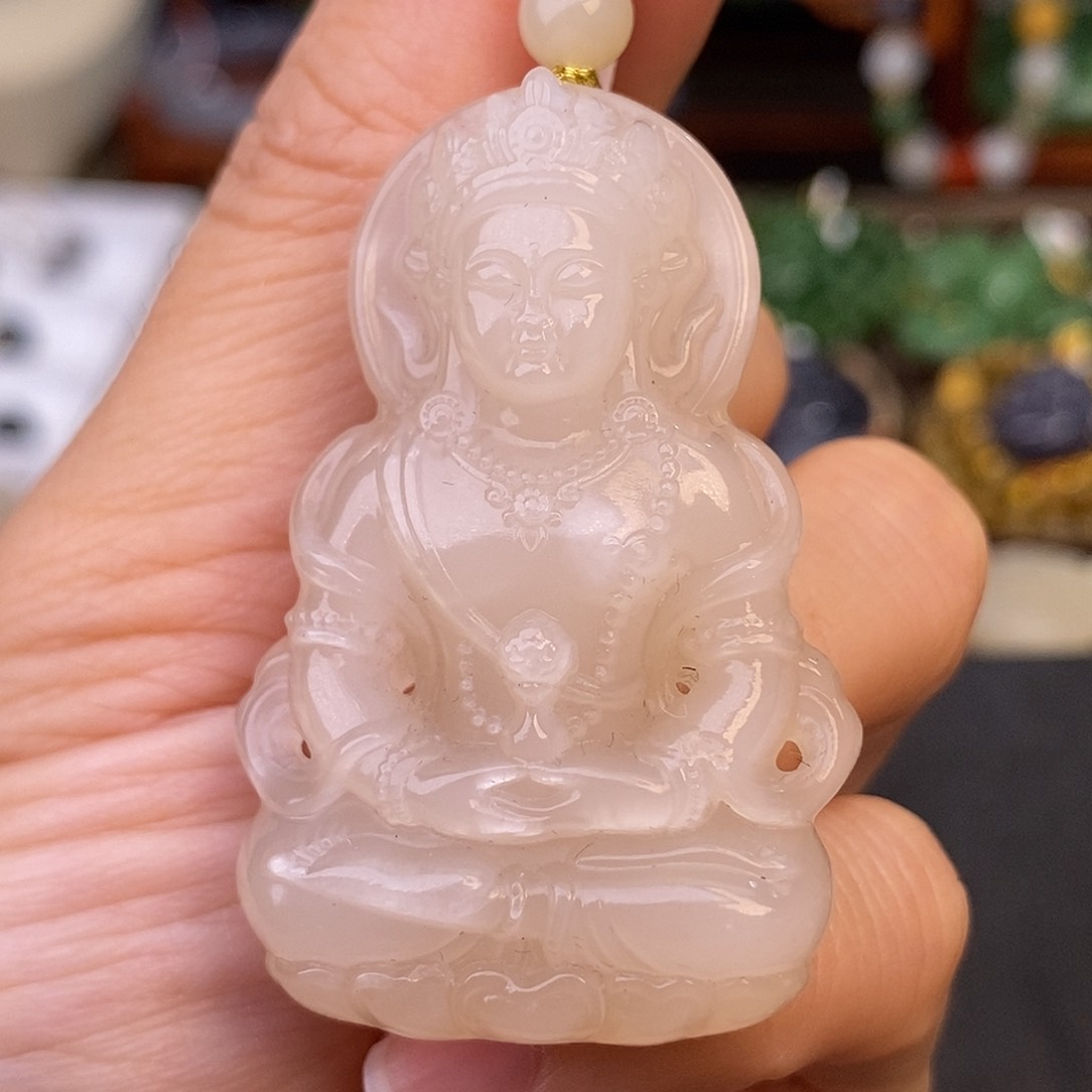 和田玉熟藕粉吊坠清货价18.K金度母未镶嵌