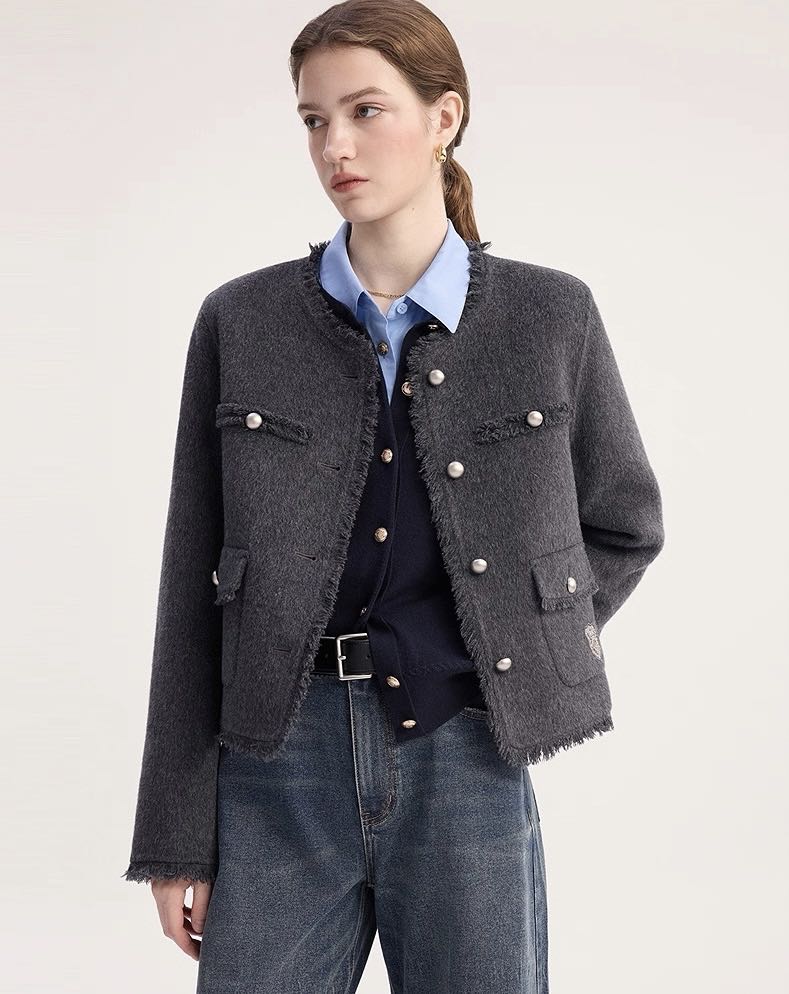 杰瑞【雅致氛围】新款高级灰气质优雅小香风100绵羊毛双面呢外套