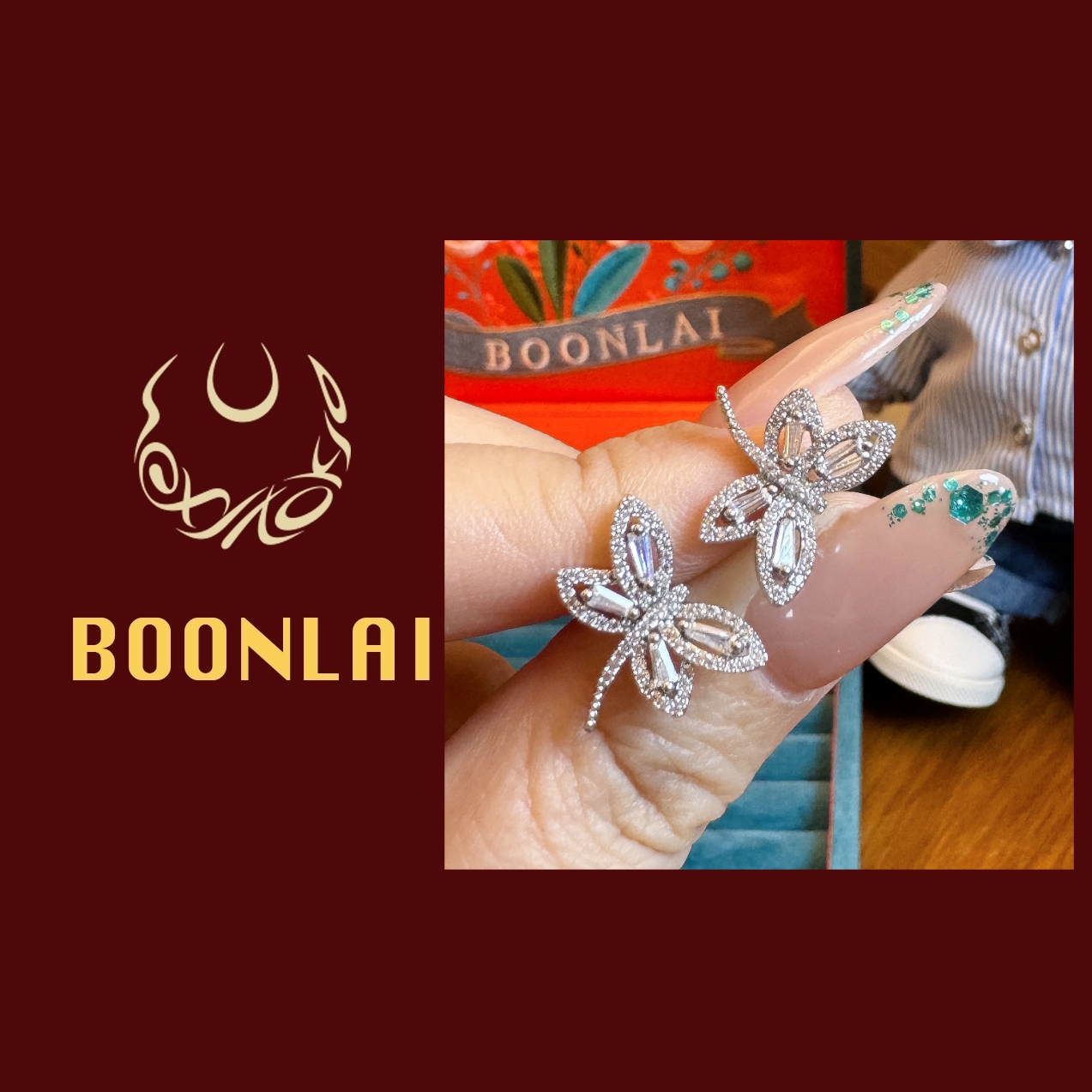 铜合金锆石耳饰 Boonlai 银色满钻蜻蜓耳环1427