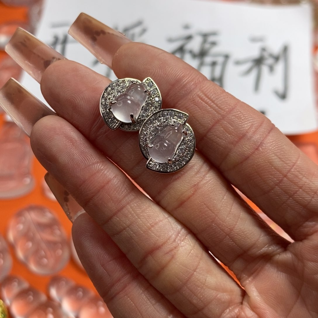 石英质玉耳钉银S925镶嵌葫芦耳钉