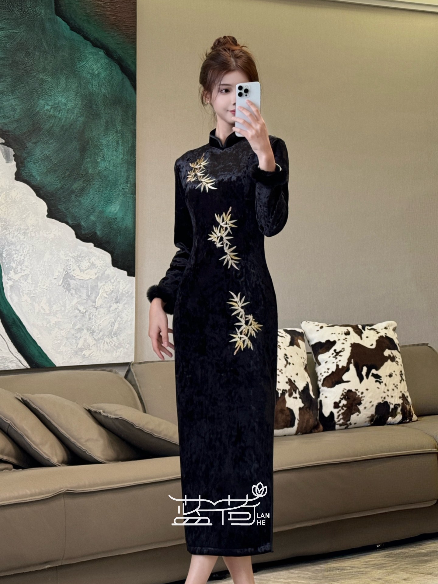 蓝荷【墨竹】新中式秋冬加绒旗袍加厚保暖修身显瘦贵气优雅日常