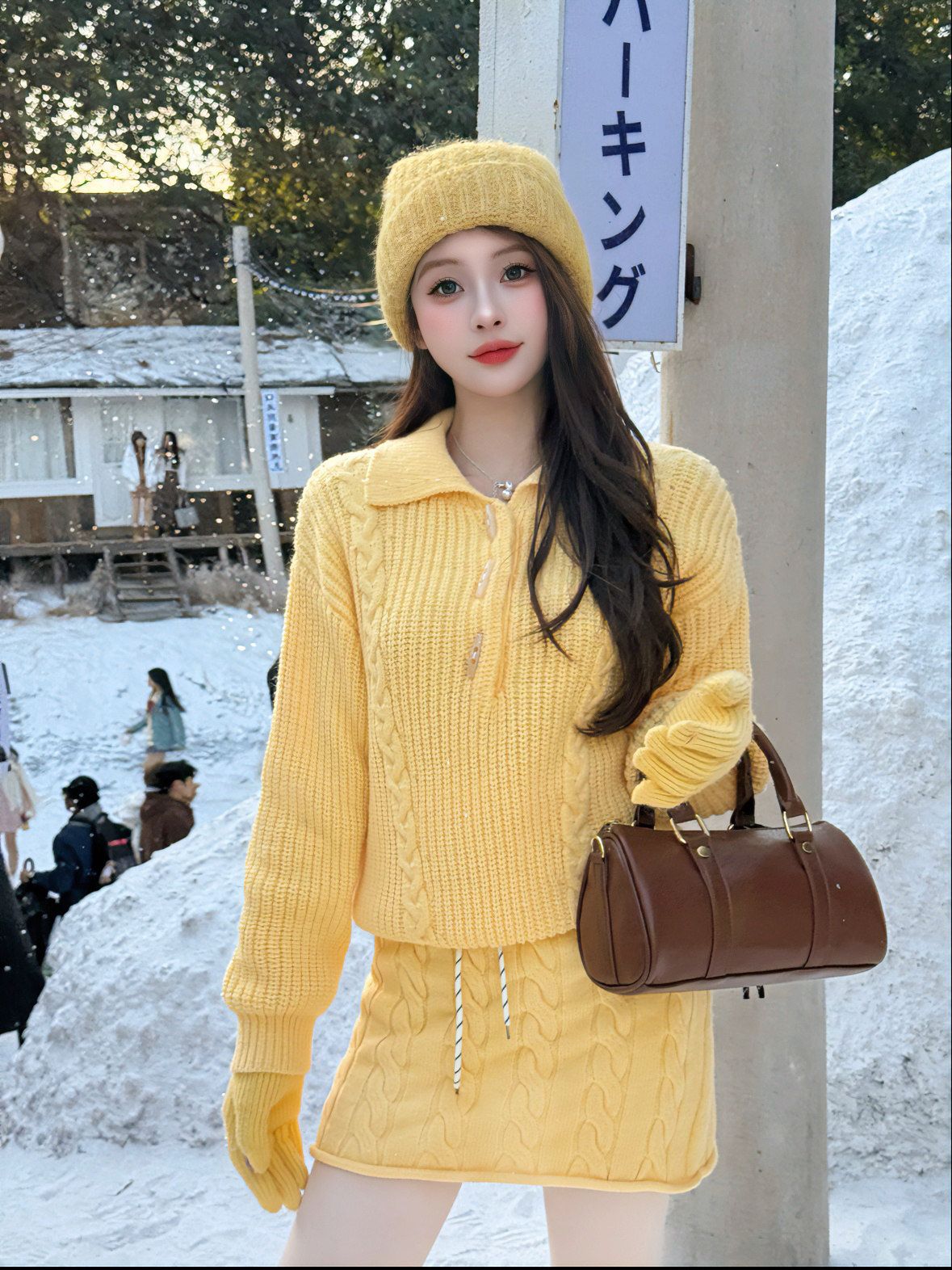 【十一家】原创polo领麻花针织毛衣上衣女保暖+半身裙套装S112201