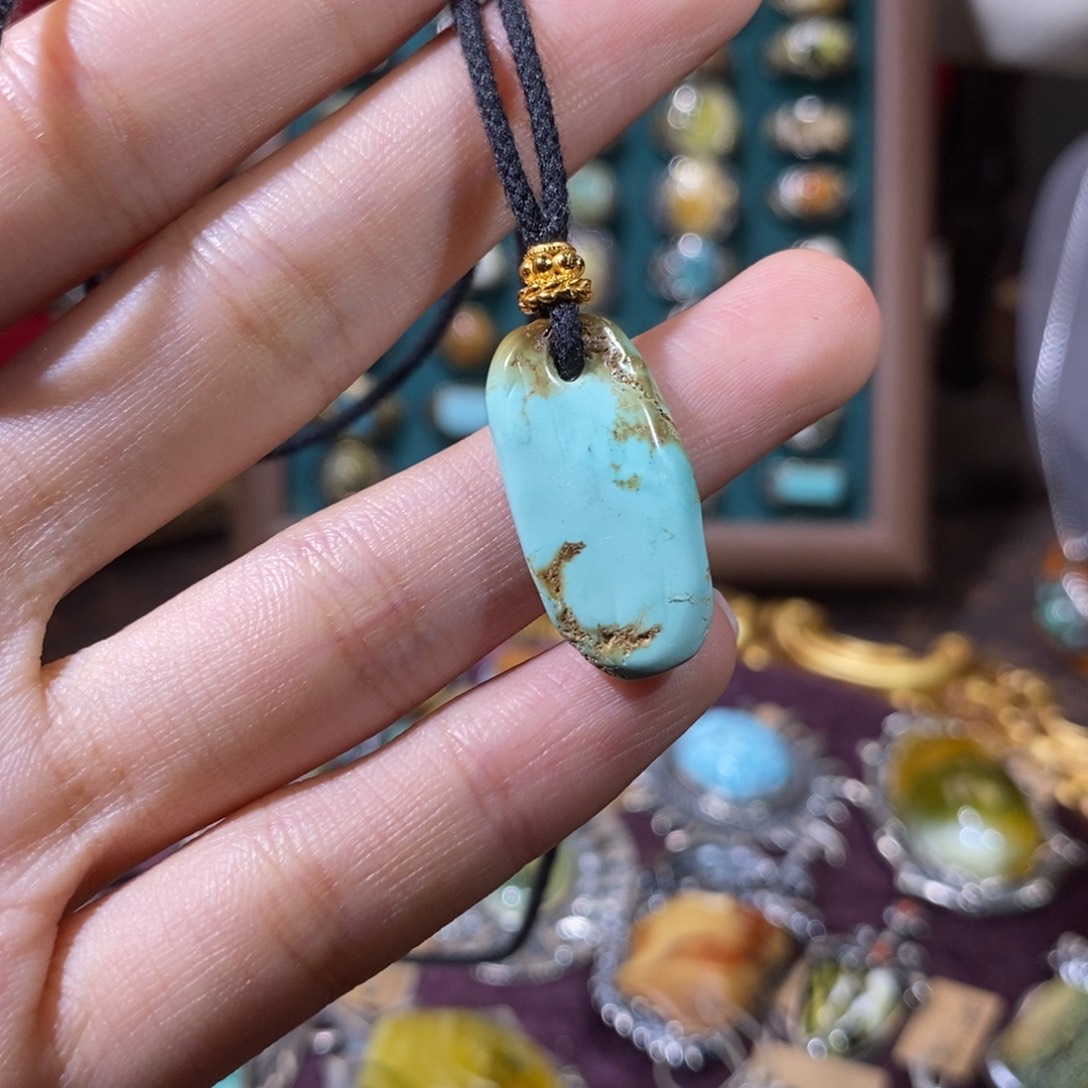 绿松石银S925镀金镶嵌颈饰绿松石吊坠