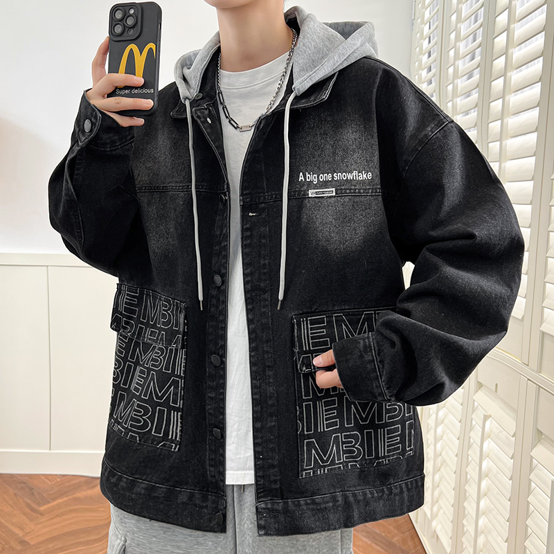 秋季新款牛仔外套男青少年学生连帽夹克痞帅港风宽松百搭男生上衣