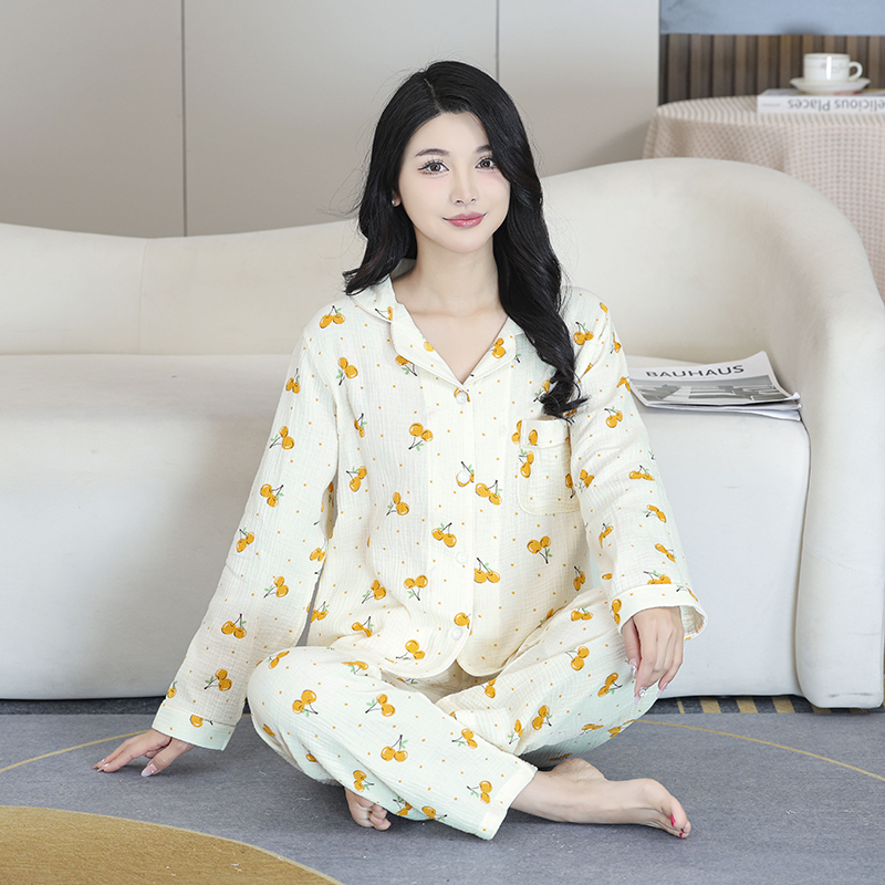 100%纯棉睡衣套装 春季新品女款双层纱棉吸湿排汗透气舒适家居服