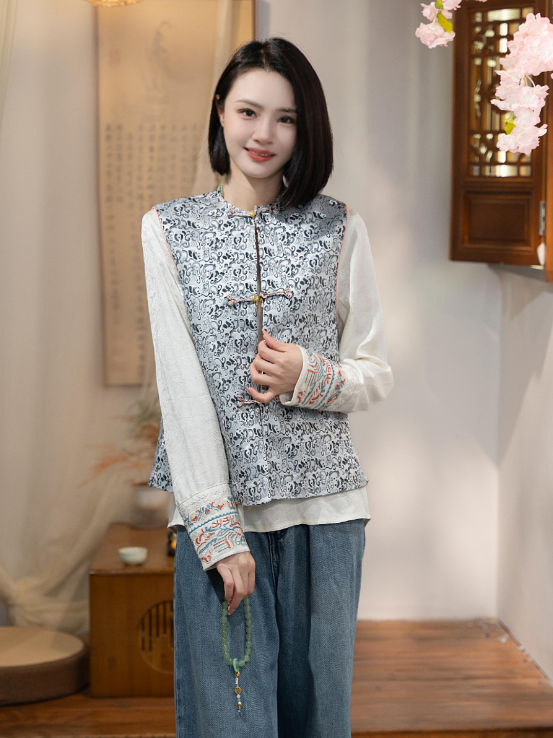 唐巧新中式高定宋锦桑蚕丝时尚百搭双面可穿马甲JM2920