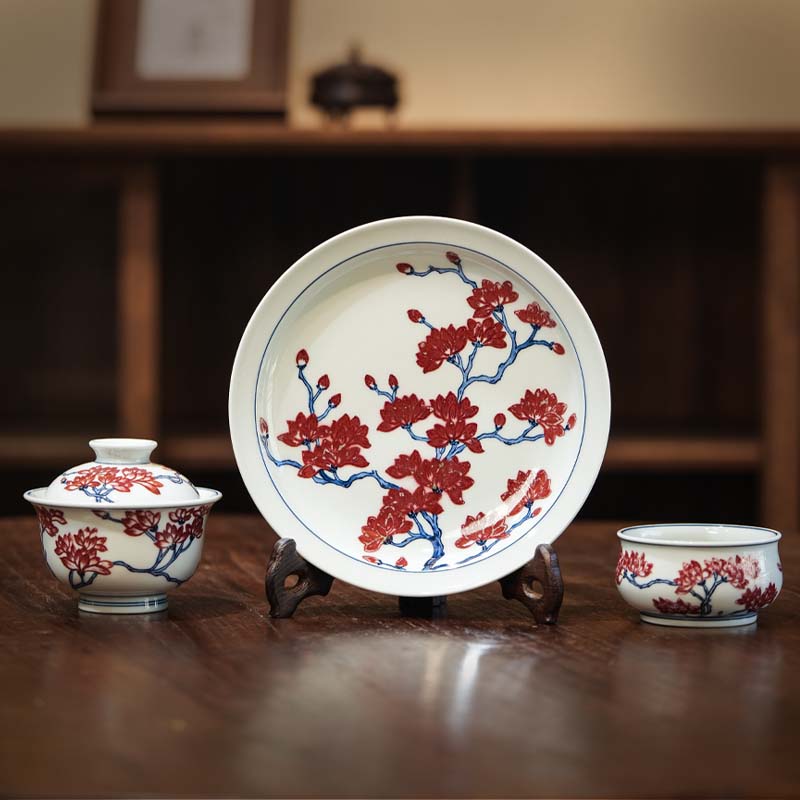 釉里红玉兰花陶瓷茶具纯手工中式全手工古瓷
