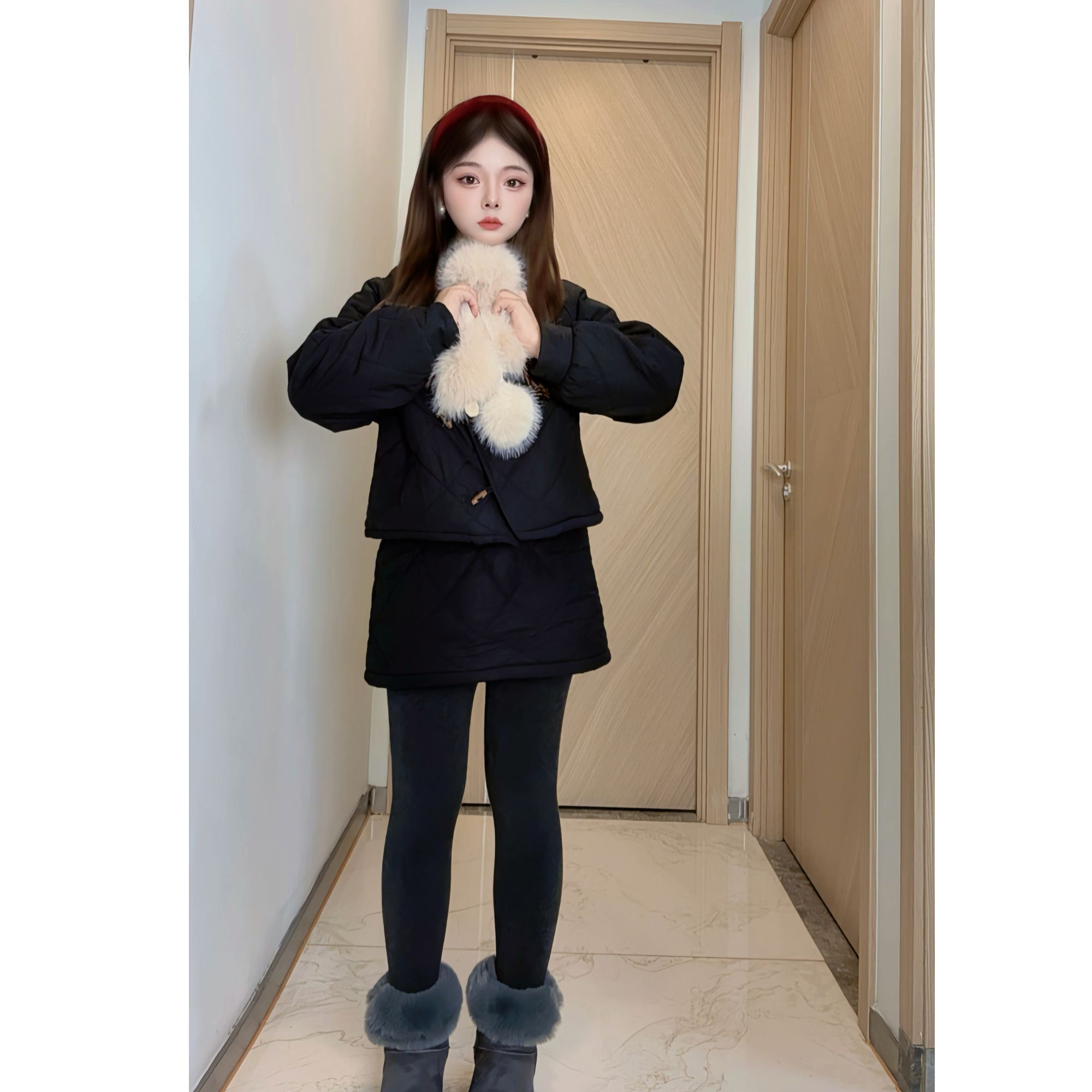 冬季绗棉加厚3163轻国风气质短外套+半裙小个子显瘦通勤两件套