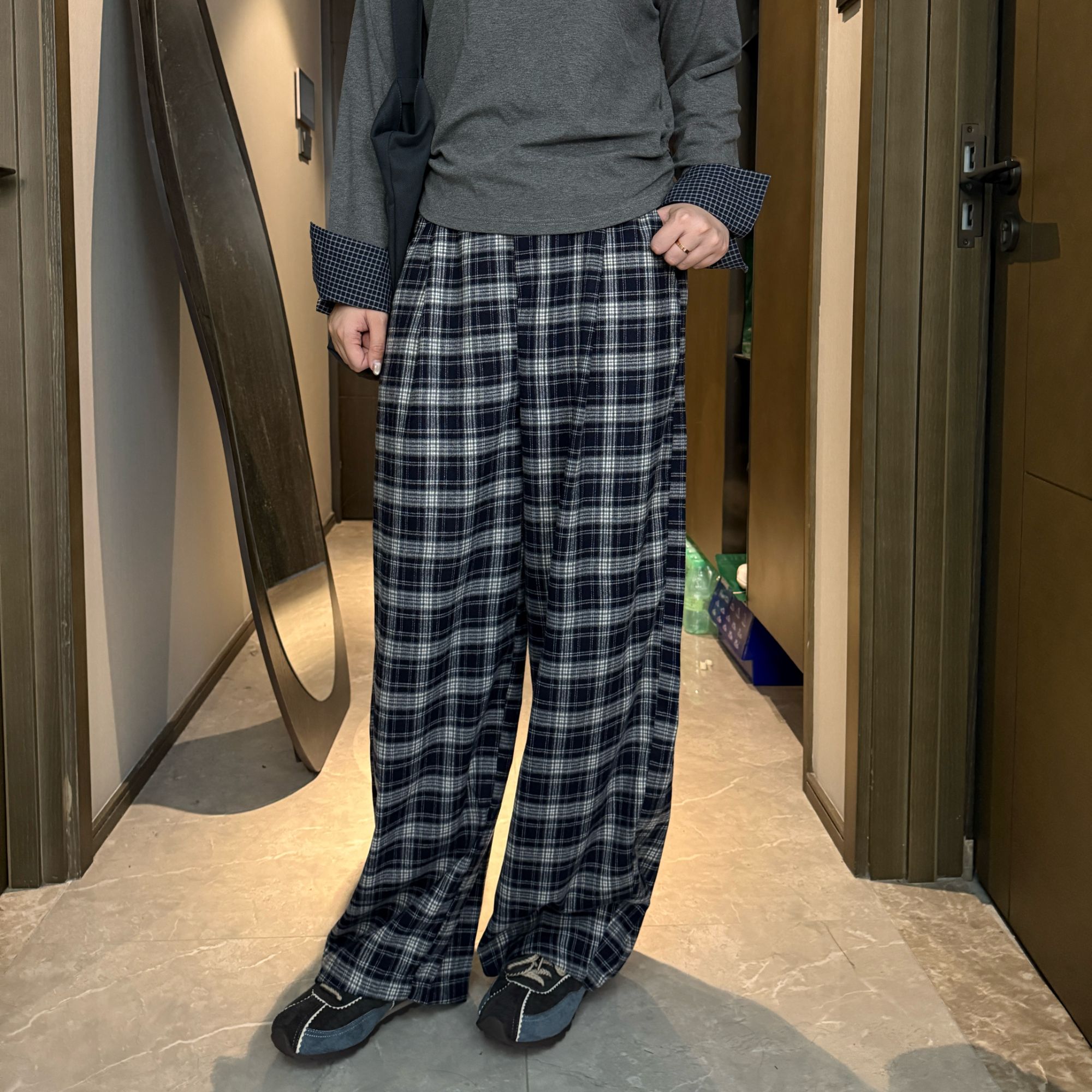 青青·STUDIO〖格子阔腿〗秋款时尚洋气百搭格子毛呢阔腿长裤QQ2571