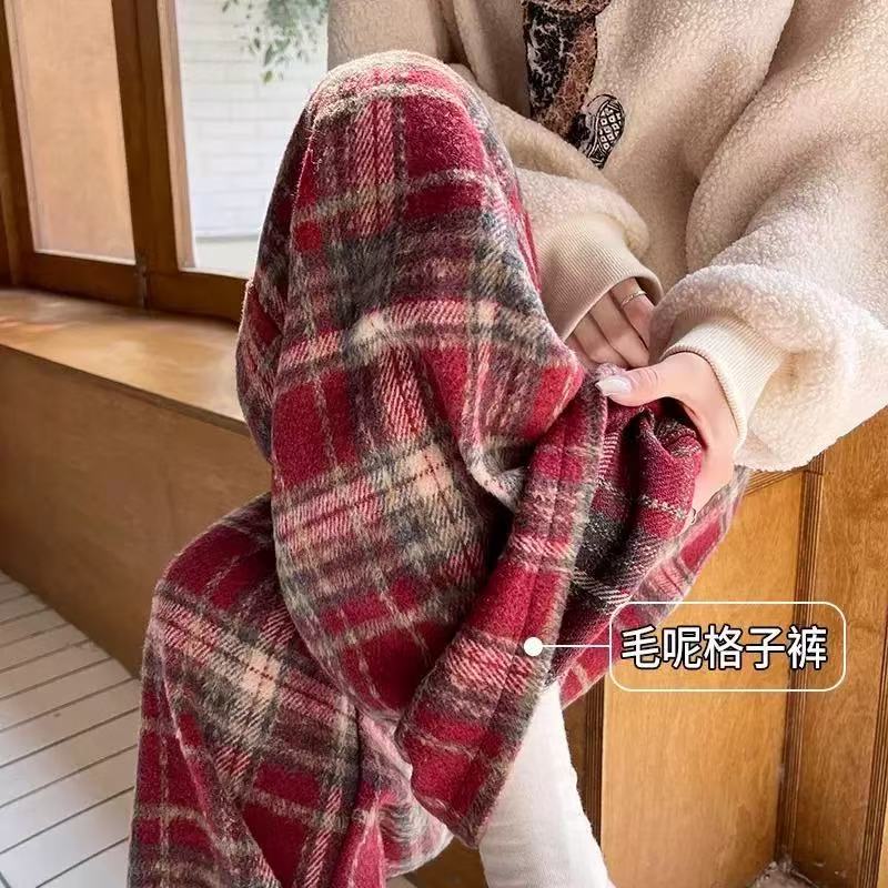 冬季新款加绒加厚复古毛呢格子裤