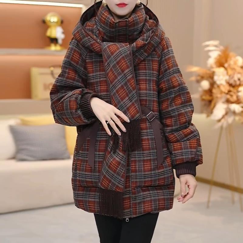 2025冬季新款格纹棉服女宽松休闲加厚保暖连帽大码棉衣棉袄子