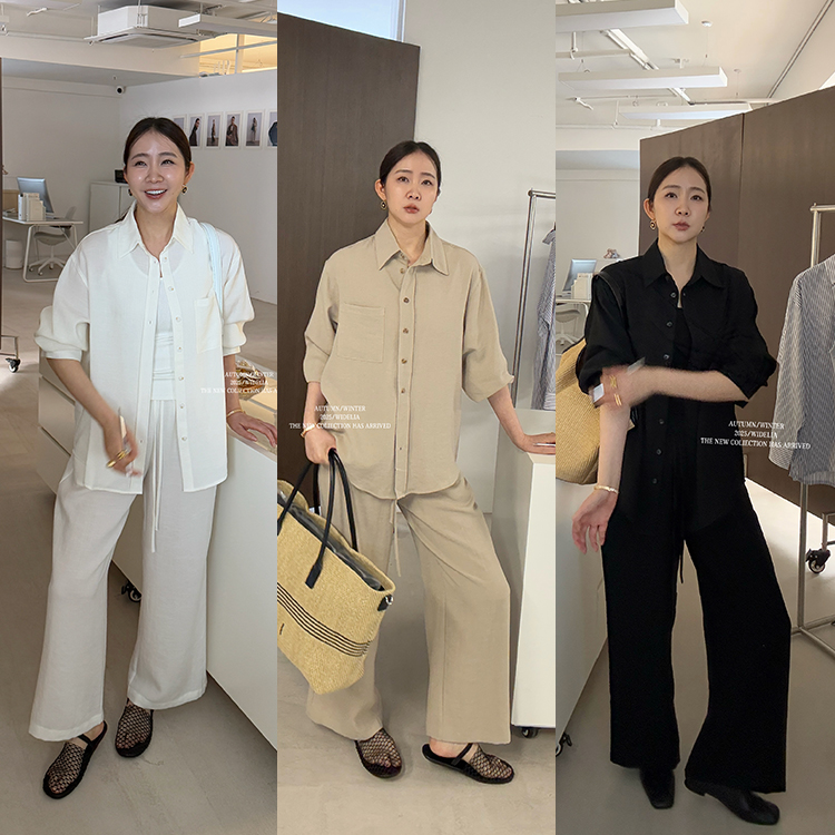 widelia陈姬儿春夏韩版松弛老钱风亚麻衬衫松紧腰休闲裤套装7076