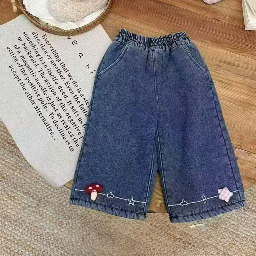 【800g加厚松糕绒 刺绣立体卡通】女童直筒牛仔裤1207013