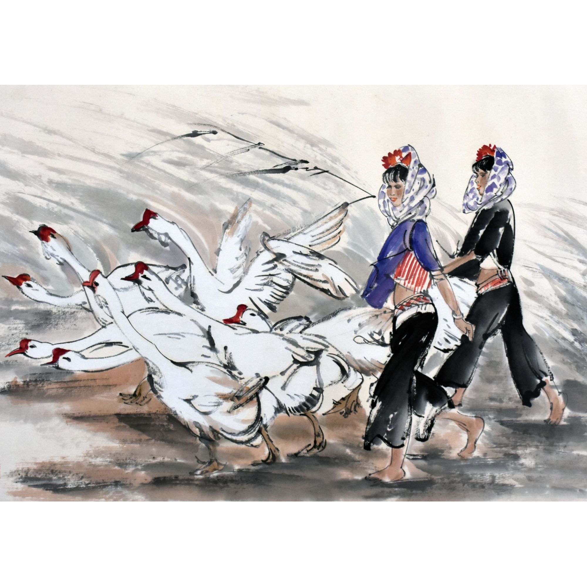 HM0313 放鹅图 53×84cm 纸本镜片 4平尺