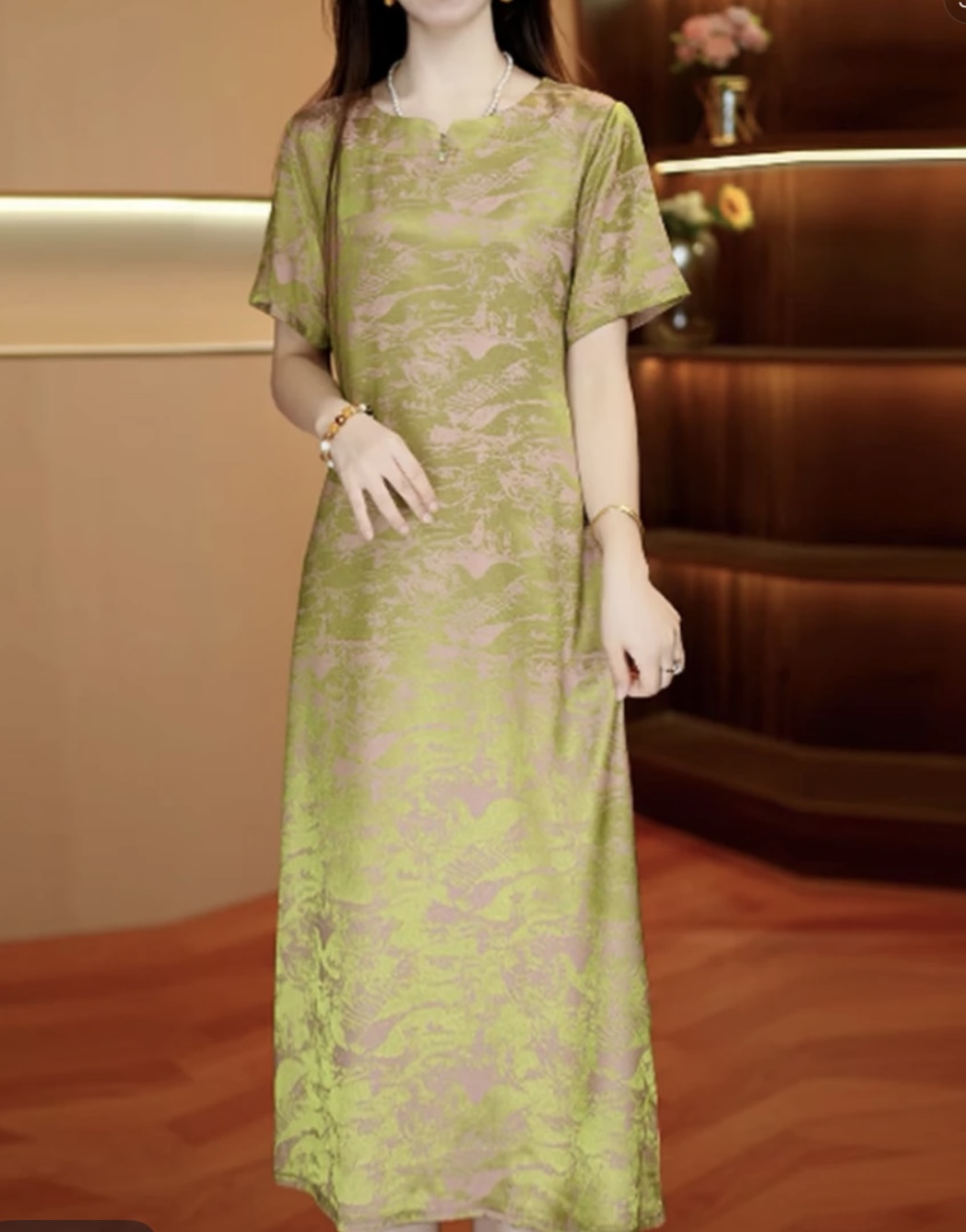 607新款圆领新中式气质显瘦百搭休闲连衣裙