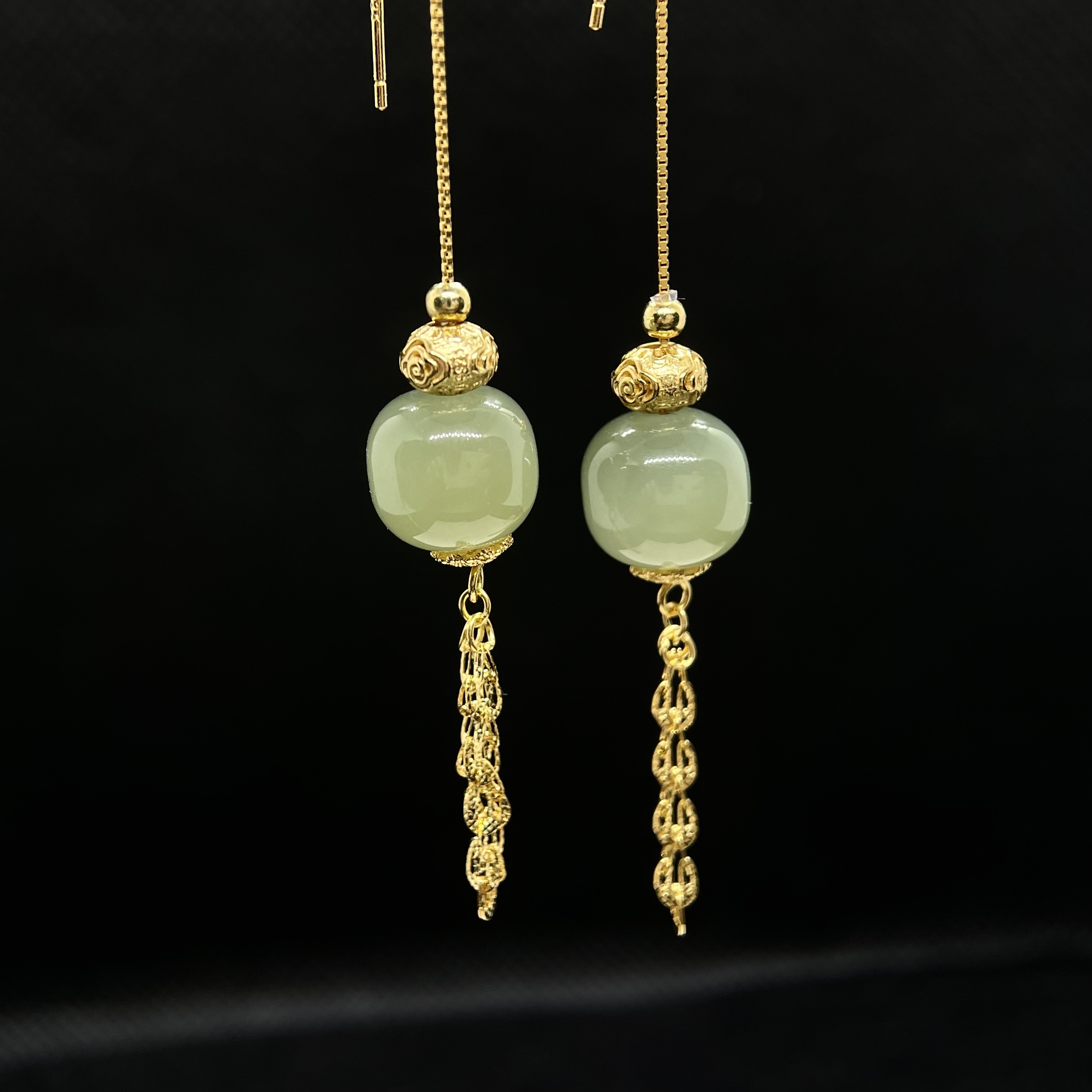 【宫灯】蓝调冰底和田玉凤尾耳线s925银镀金 KT25042609