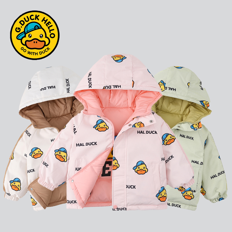 小黄鸭/冬季羽绒服JML卡通印花男女童双面穿连帽加厚休闲条纹外套