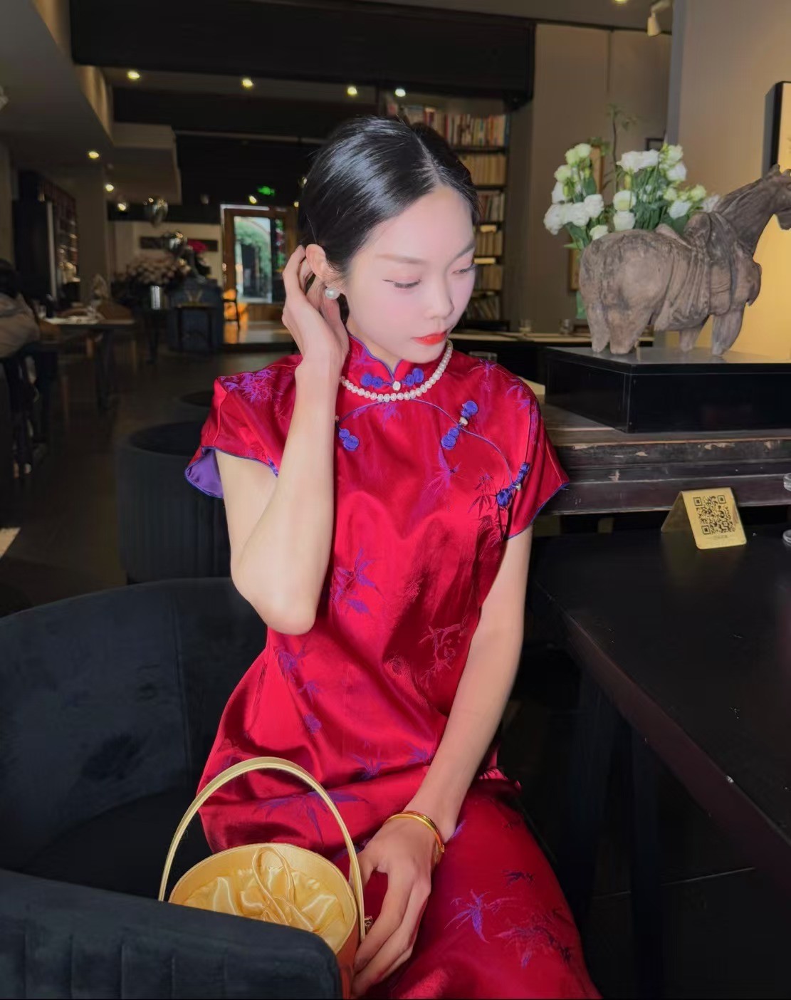 8832红色撞色竹叶暗纹花扣精致中国风旗袍女款显瘦中式日常连衣裙