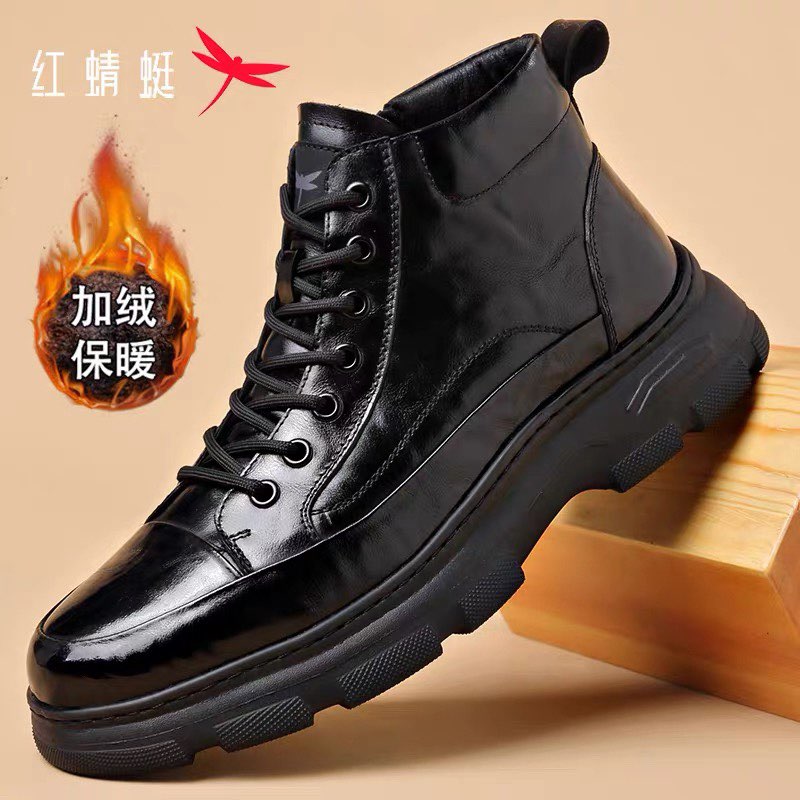 红蜻蜓男鞋冬季新羊皮毛一体马丁靴软底防滑头层牛皮时尚男士靴