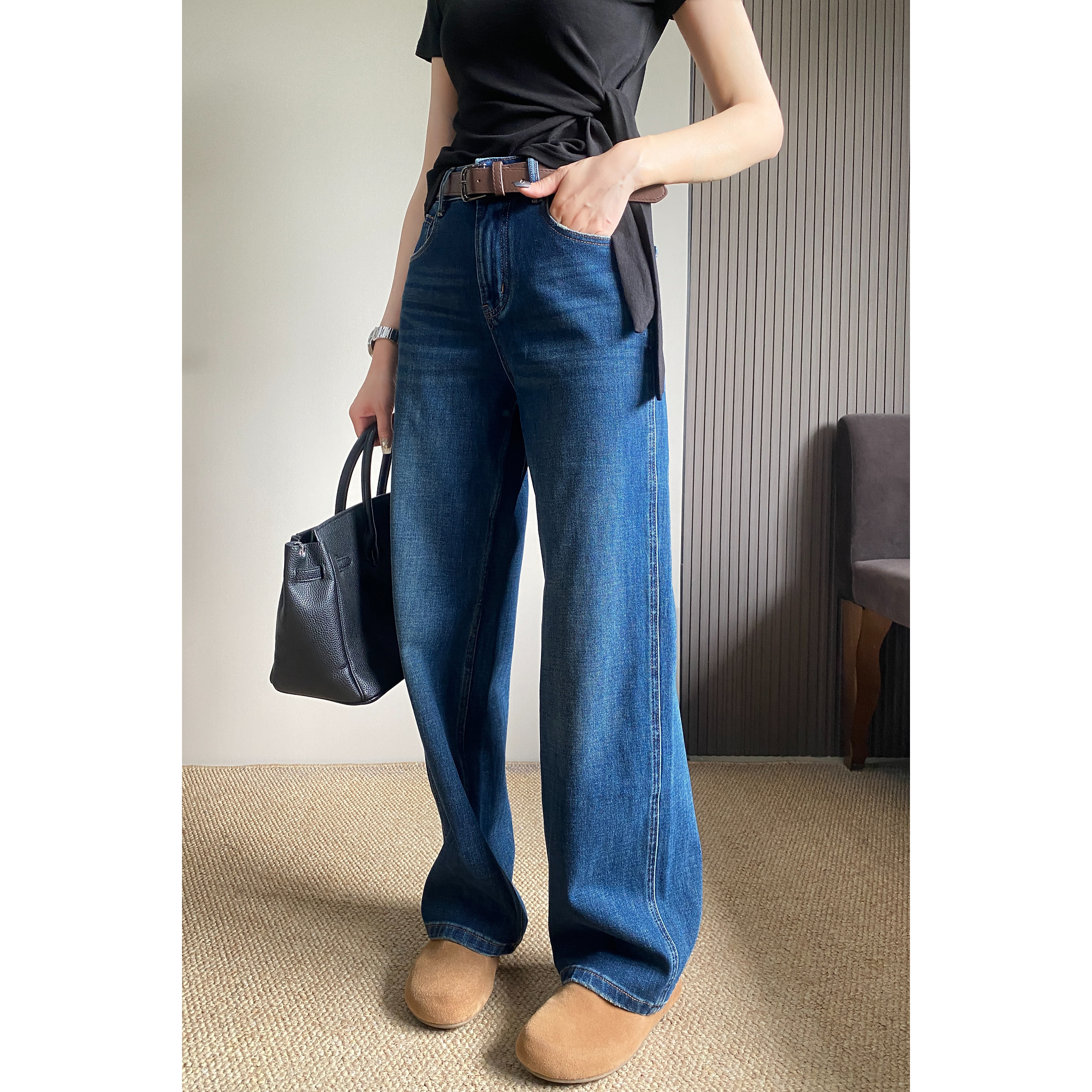深蓝色休闲窄版阔腿牛仔女2025秋季新款高腰宽松显瘦直筒拖地裤