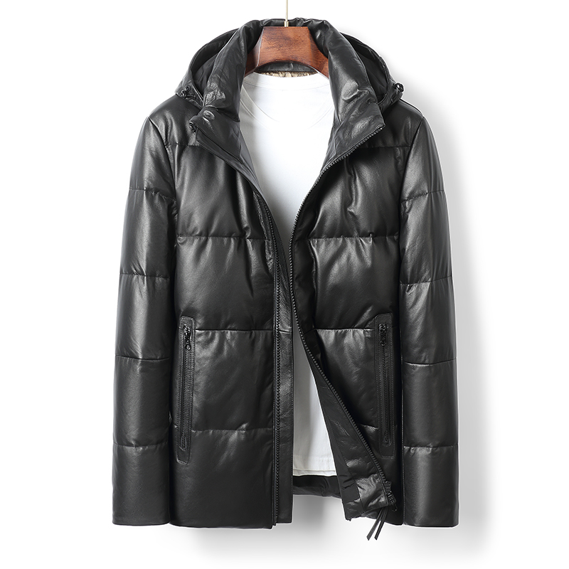 真皮皮衣男士新款羽绒服海宁头层小牛皮连帽休闲鹅绒外套厚25698