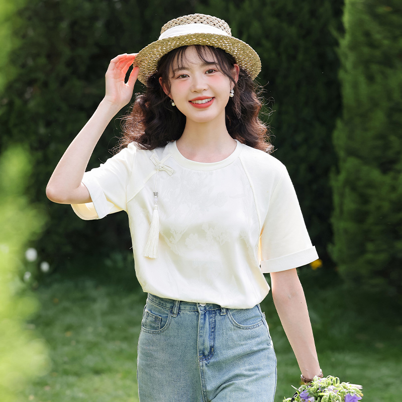 法式设计感小众卷边短袖t恤女2024夏季新款提花小个子宽松上衣潮