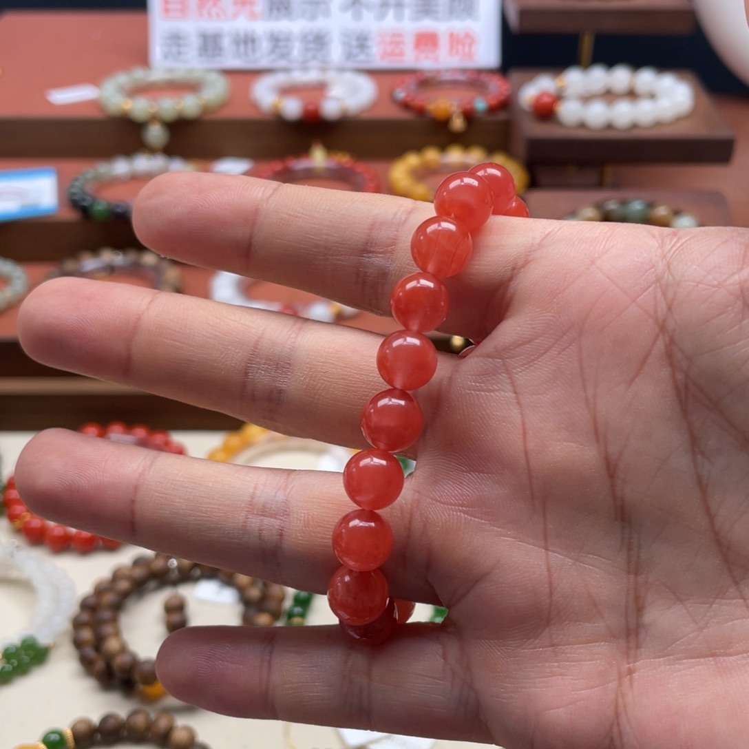 南红玛瑙银S925镶嵌手串樱桃红9.5加蜜腊11银饰手串