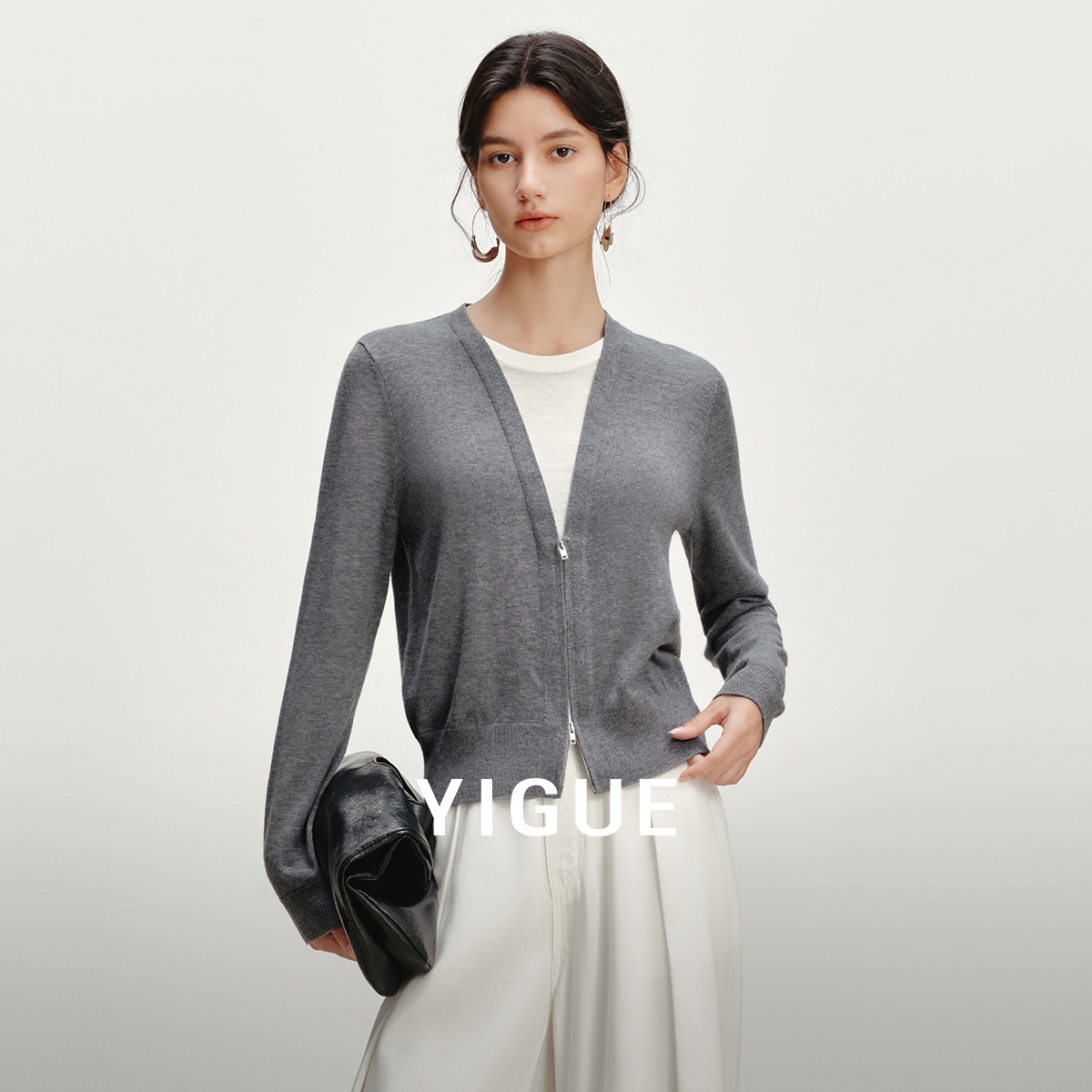 【席颖行】亦谷假两件拉链针织衫2025女秋季新款显瘦毛衣G5AAM285