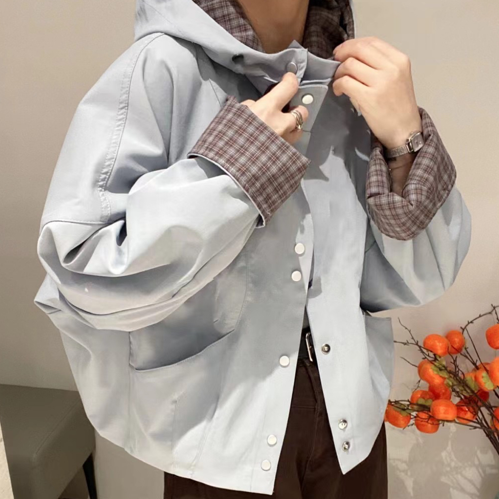 季新款宽松休闲格子内衬连帽冲锋衣外套女韩版大码工装夹克上衣