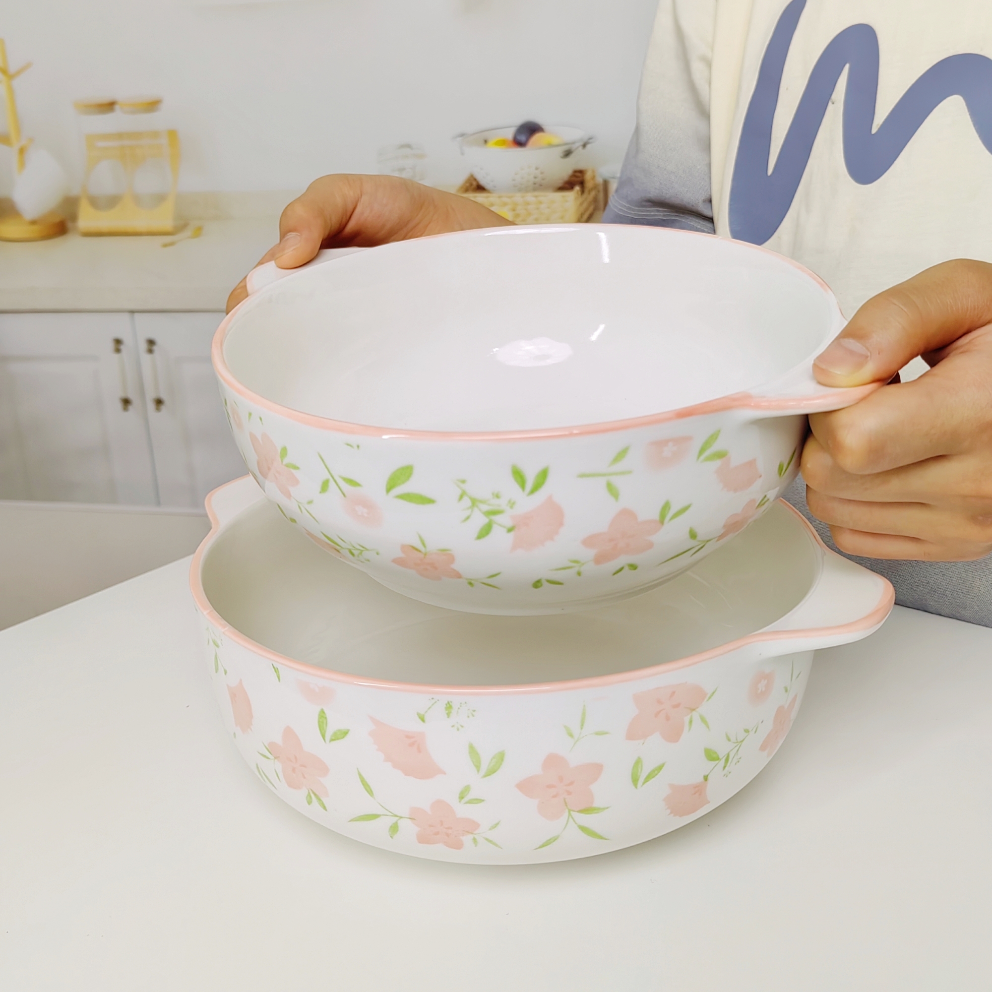 9.5英寸桃花朵朵双耳盆2个装 破损补发