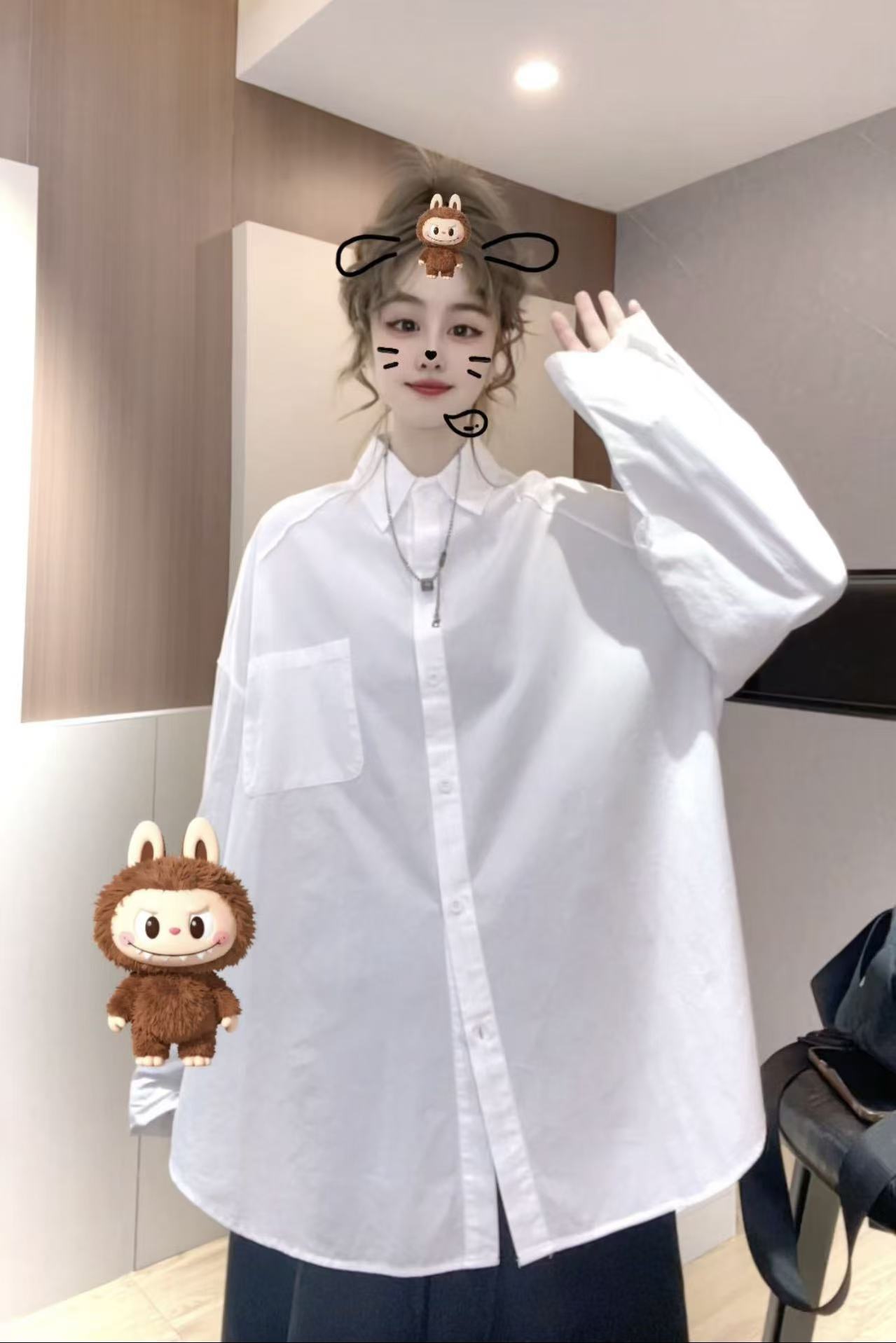 柚柚酱新款百搭宽松休闲设计感纯色衬衫