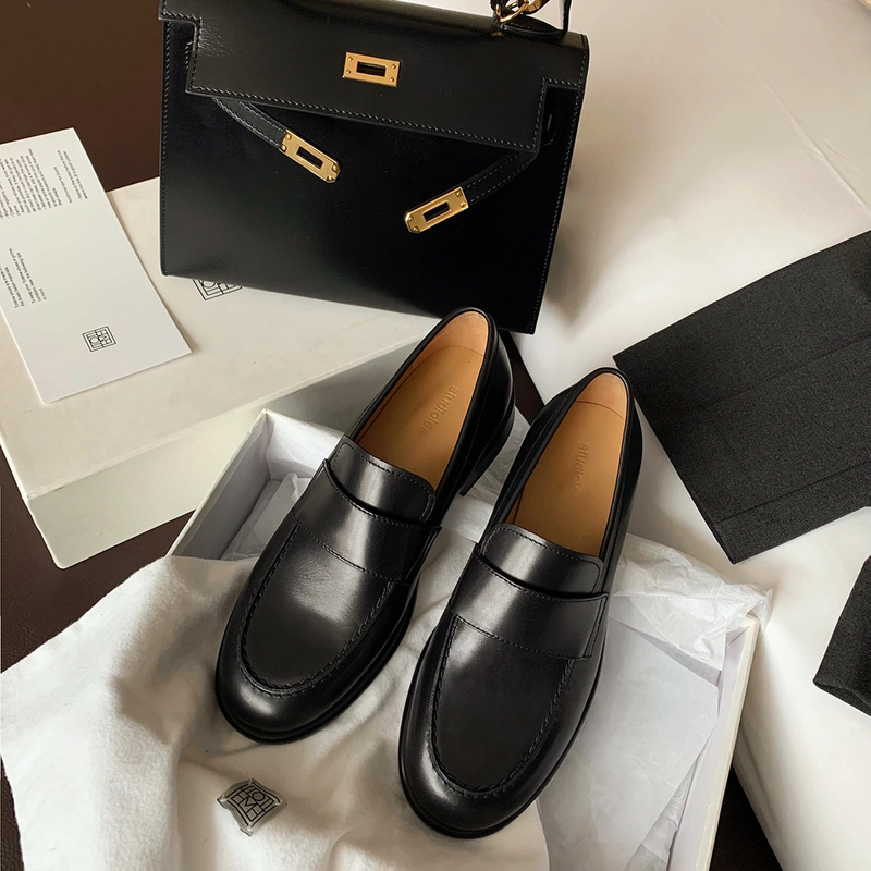 英伦风真皮一脚蹬懒人小粗跟乐福单鞋女休闲百搭黑色复古春季厚底