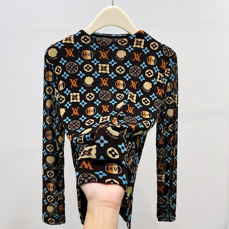 8247#高贵黑色碎花小衫2025秋季新款半高领长袖网纱打底衫上衣