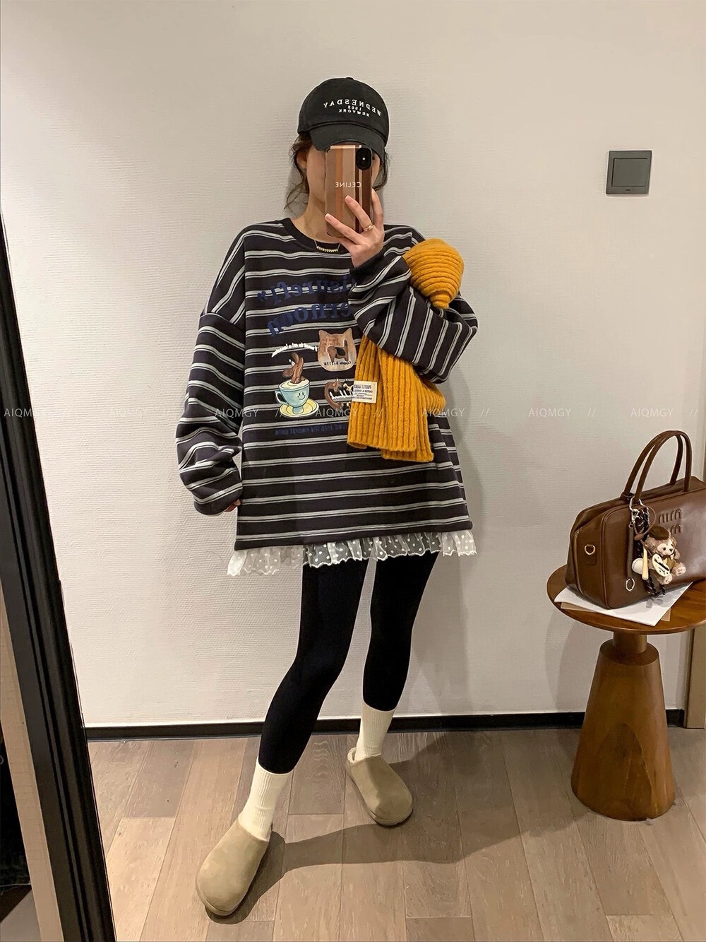 西柚定制（可爱风）条纹衫蕾丝下摆加绒T恤时尚百搭