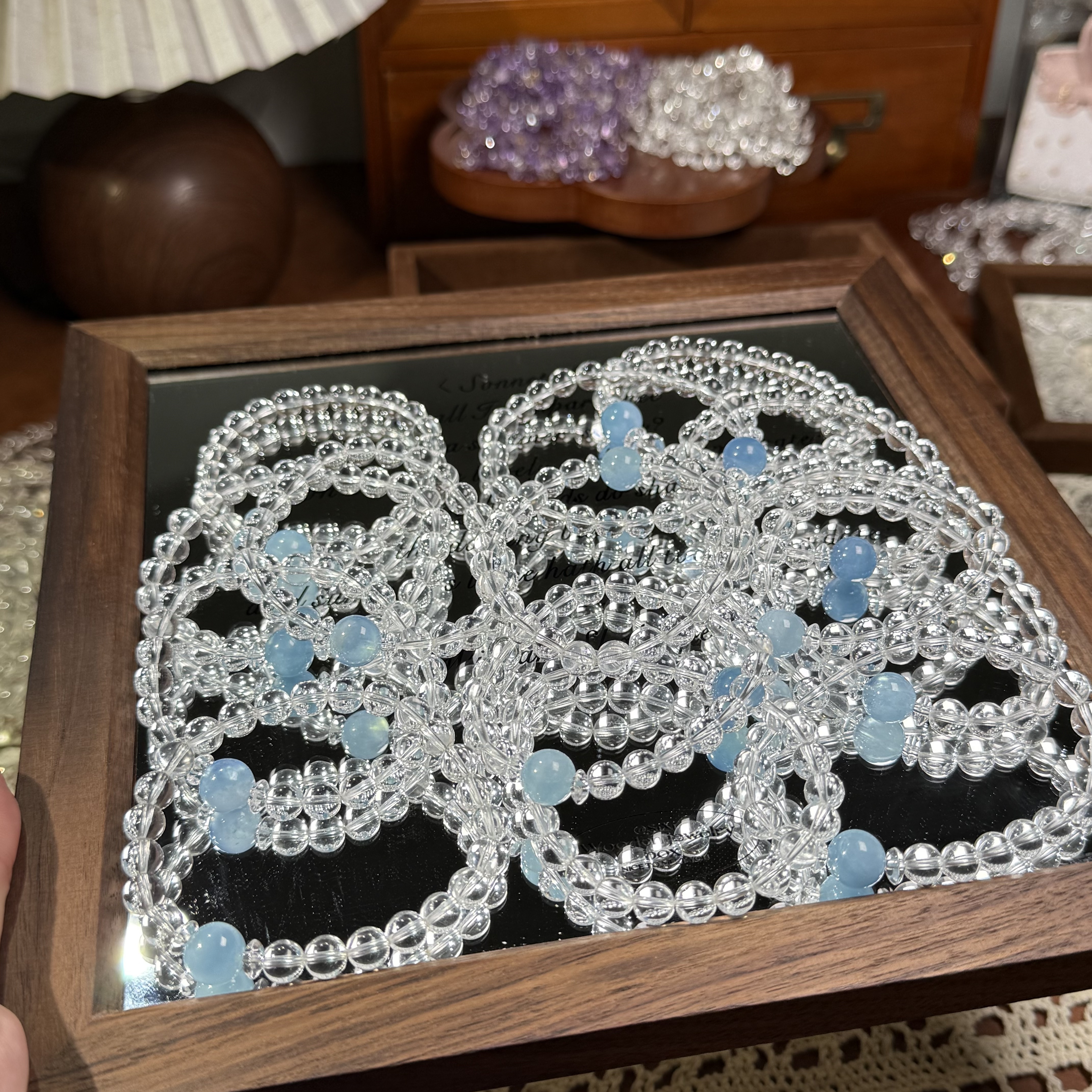 赵露思同款天然白水晶海蓝宝顶珠款手串