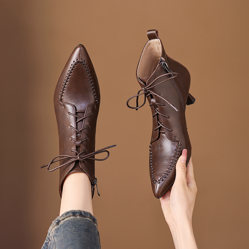 软牛皮/3-5cm法式真皮短靴女 系带高跟短靴低跟百搭尖头细跟裸靴