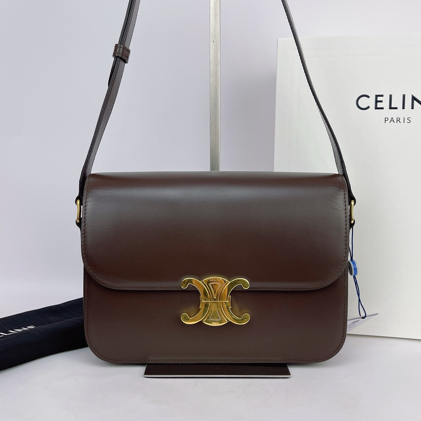 95新 Celine/思琳 赛琳 牛皮凯旋门底长22巧克力色单肩包 M469