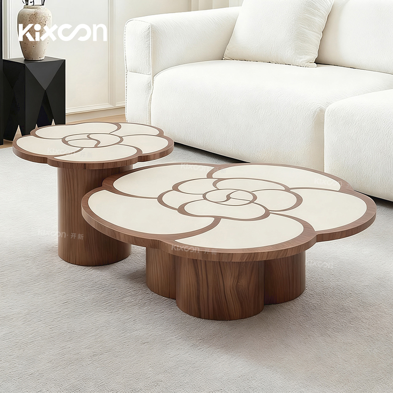 开新Kixoon山茶花法式奶油风花瓣茶几复古客厅中古小户型实木茶几